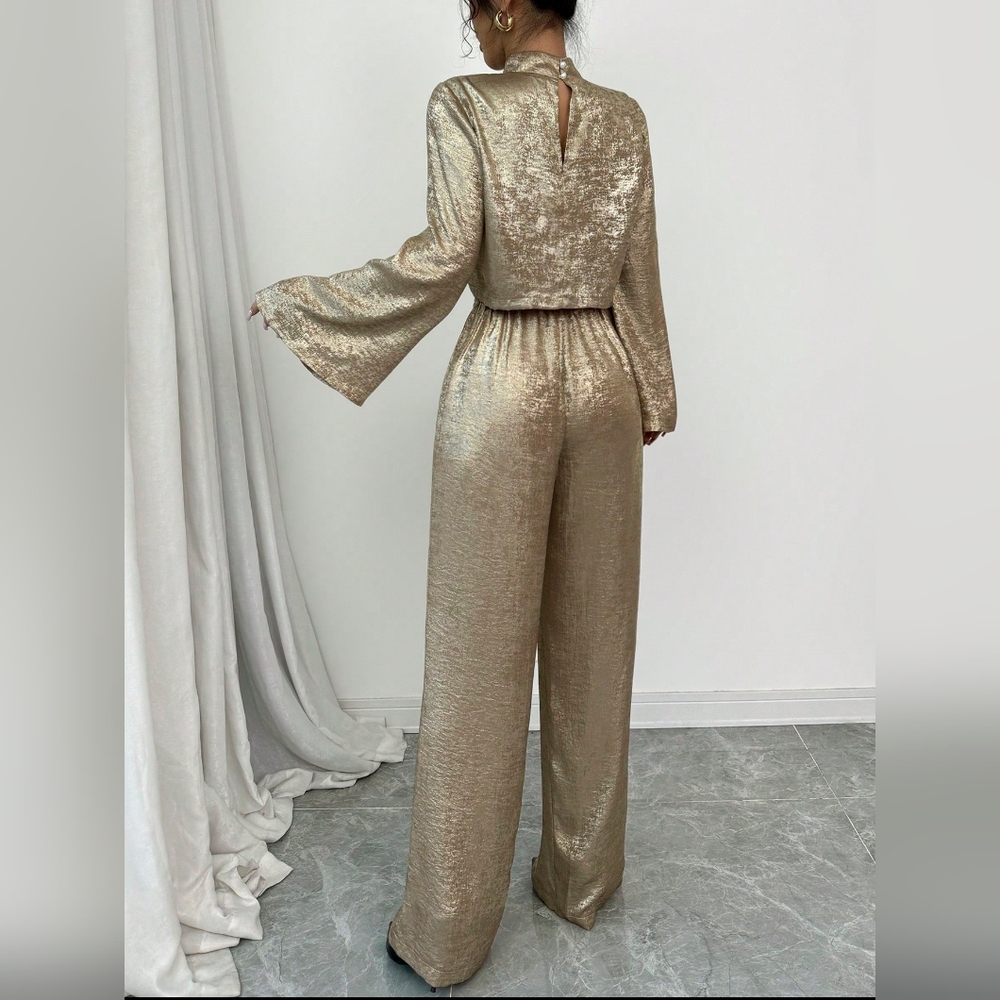 Women Gold Foil Elegant Party Wide Leg Pants & Cropped Top 2pcs Out - Picture 4 of 4